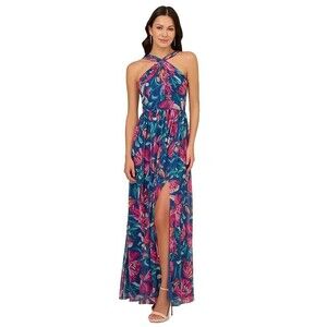 Adrianna Papell Blue and Pink Floral Maxi Dress